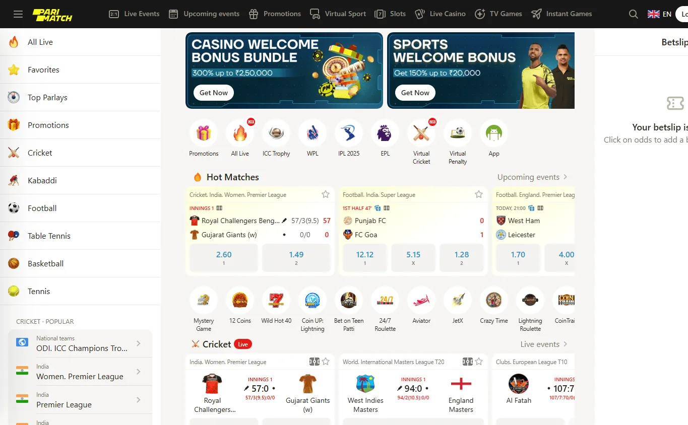 Parimatch Casino desktop home interface