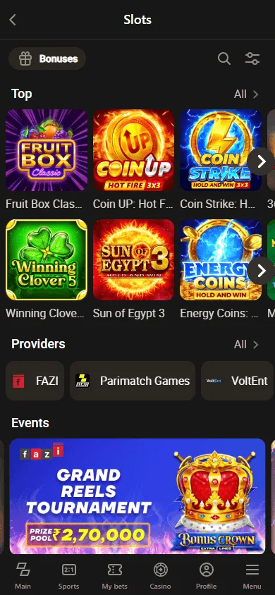 Parimatch Casino mobile games area