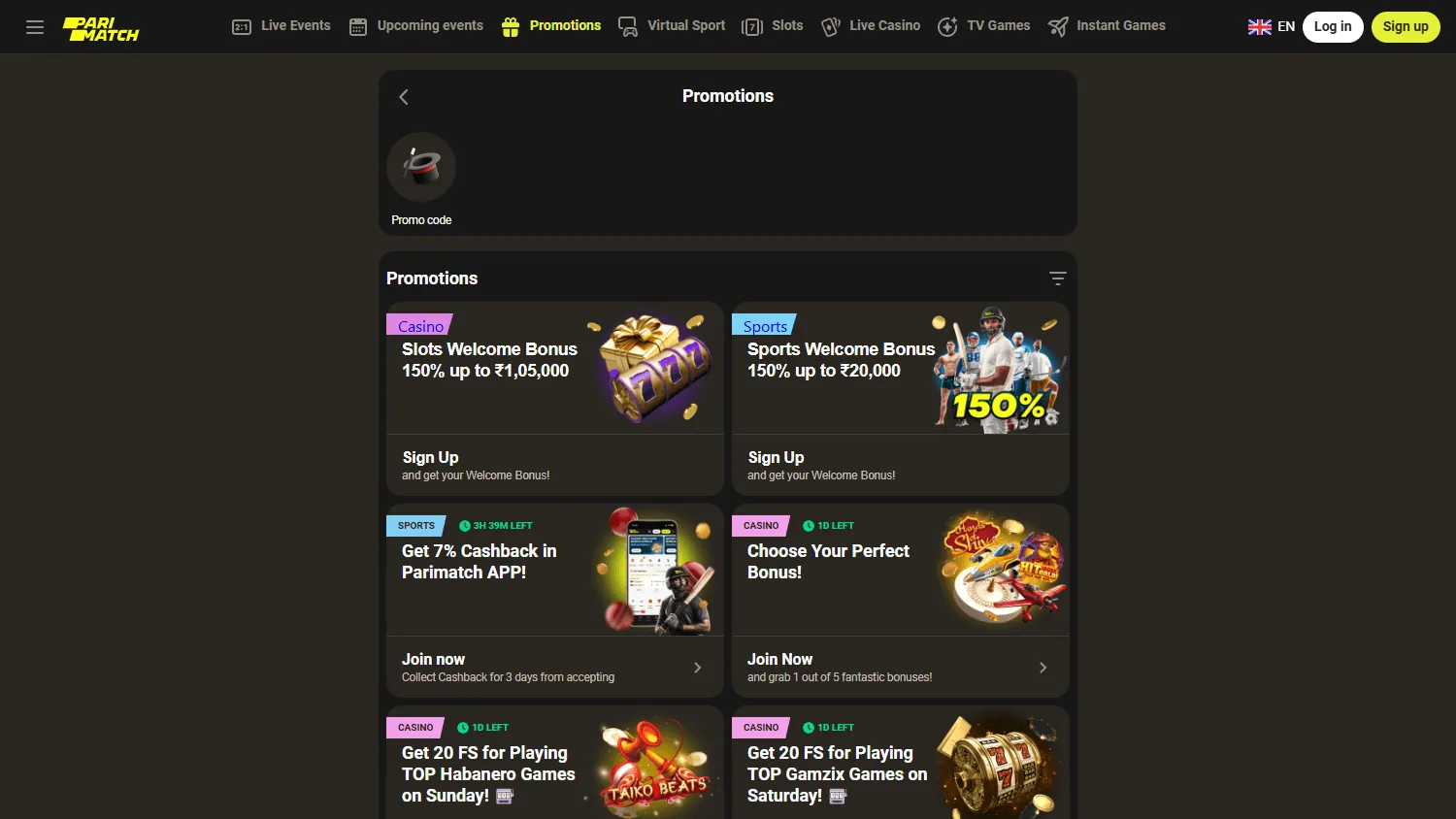 Parimatch Casino desktop promotions area