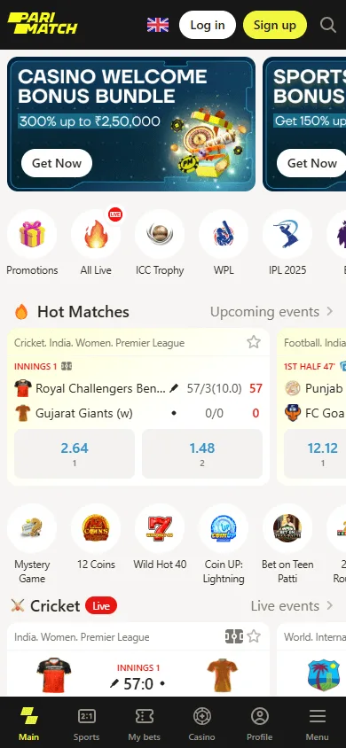 Parimatch Casino mobile home interface